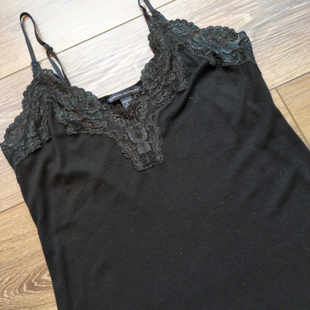 Banana Republic Camisole Black Lace Trim Ribbed Stretch Cami Y2L Whimsigoth L